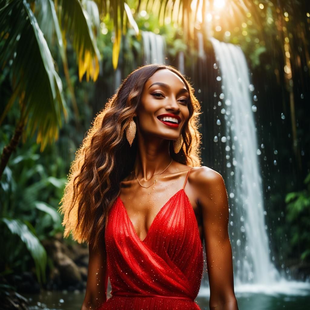 Jourdan Dunn Smiling Under Waterfall in Red Dress