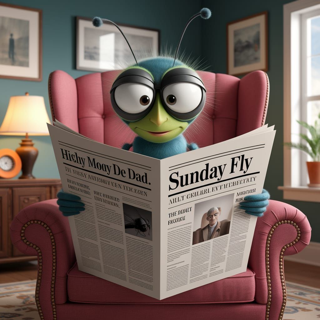 Serious Fly Reads Sunday Newspaper in Cozy Armchair
