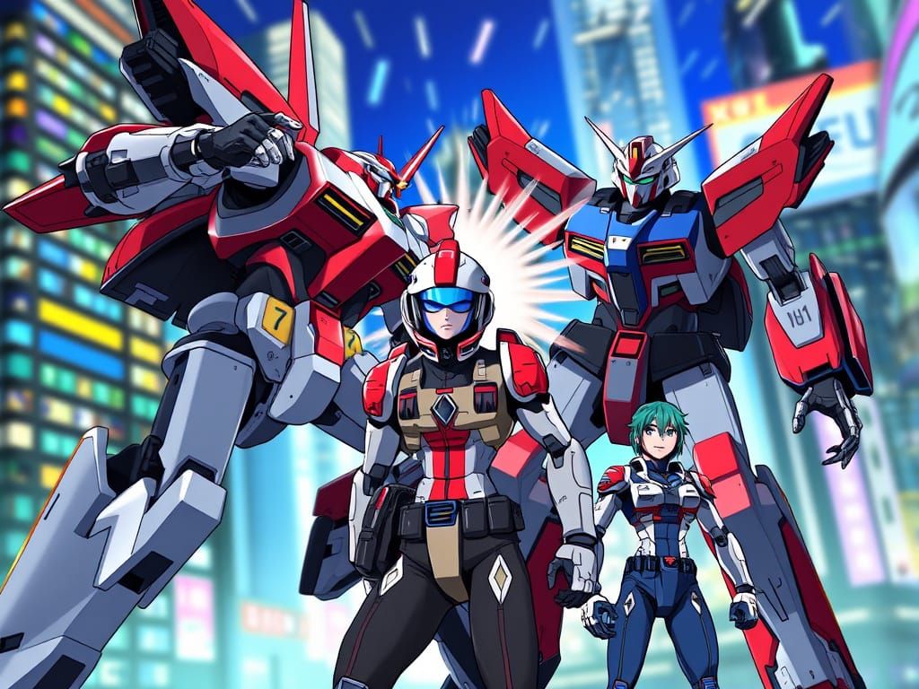 Anime-Style Mecha Pilots Clash in a Futuristic City