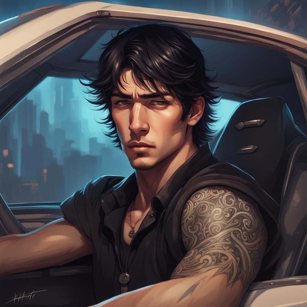 Young Man Driving Race Car in Hyperdetailed Portrait