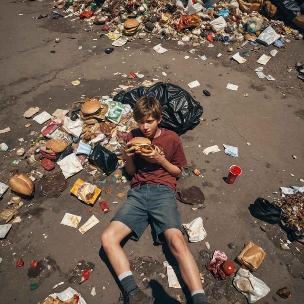 Boy Eating Burger in Garbage Dump: Digital Art