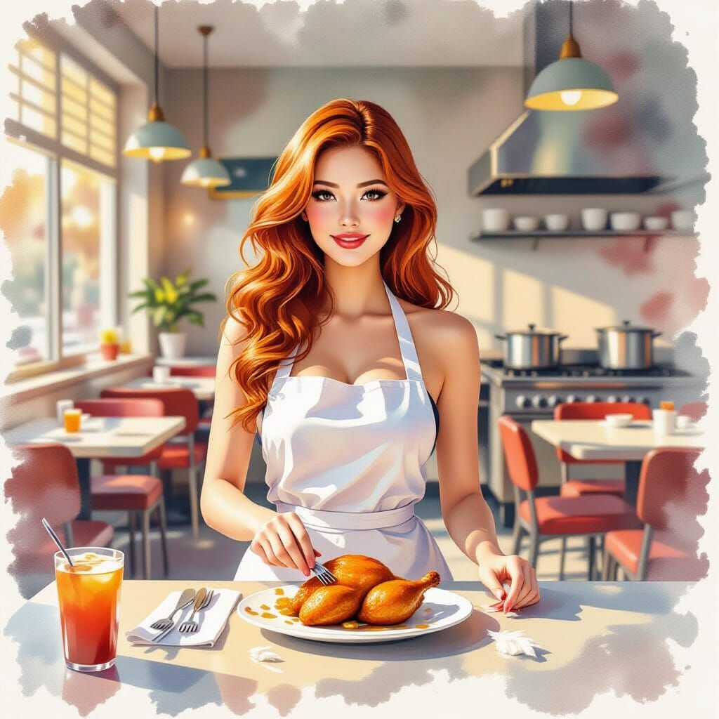 Cafeteria Vista with Redhead in Watercolor Style