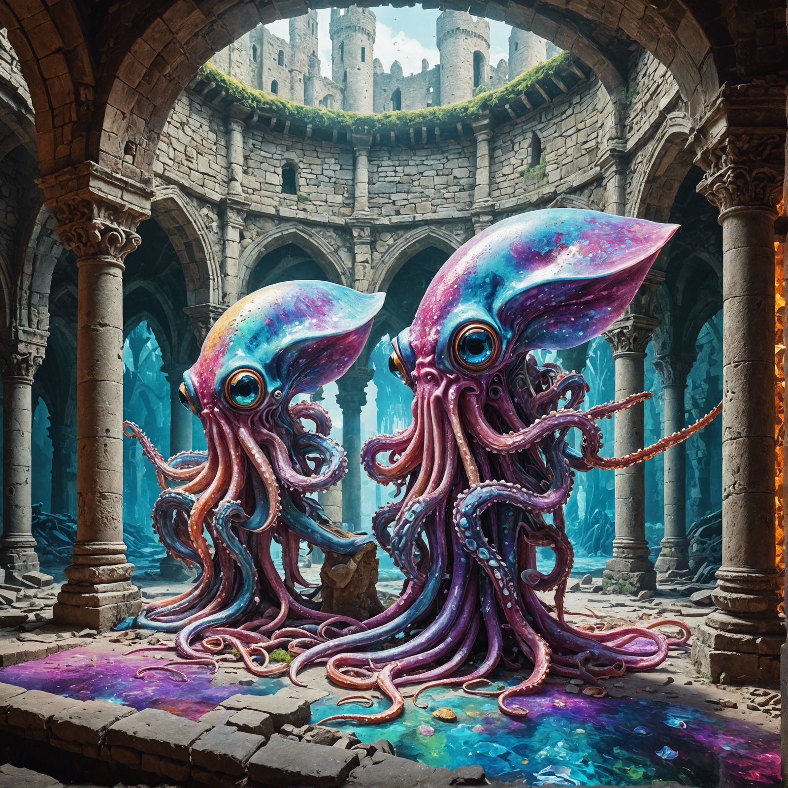 Squid Band Plays among Castle Ruins: Hyperrealistic Art