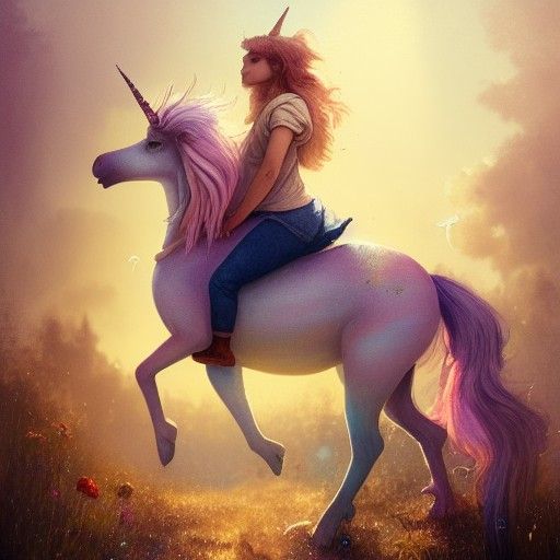 Girl Rides Unicorn: Hyperdetailed Digital Painting
