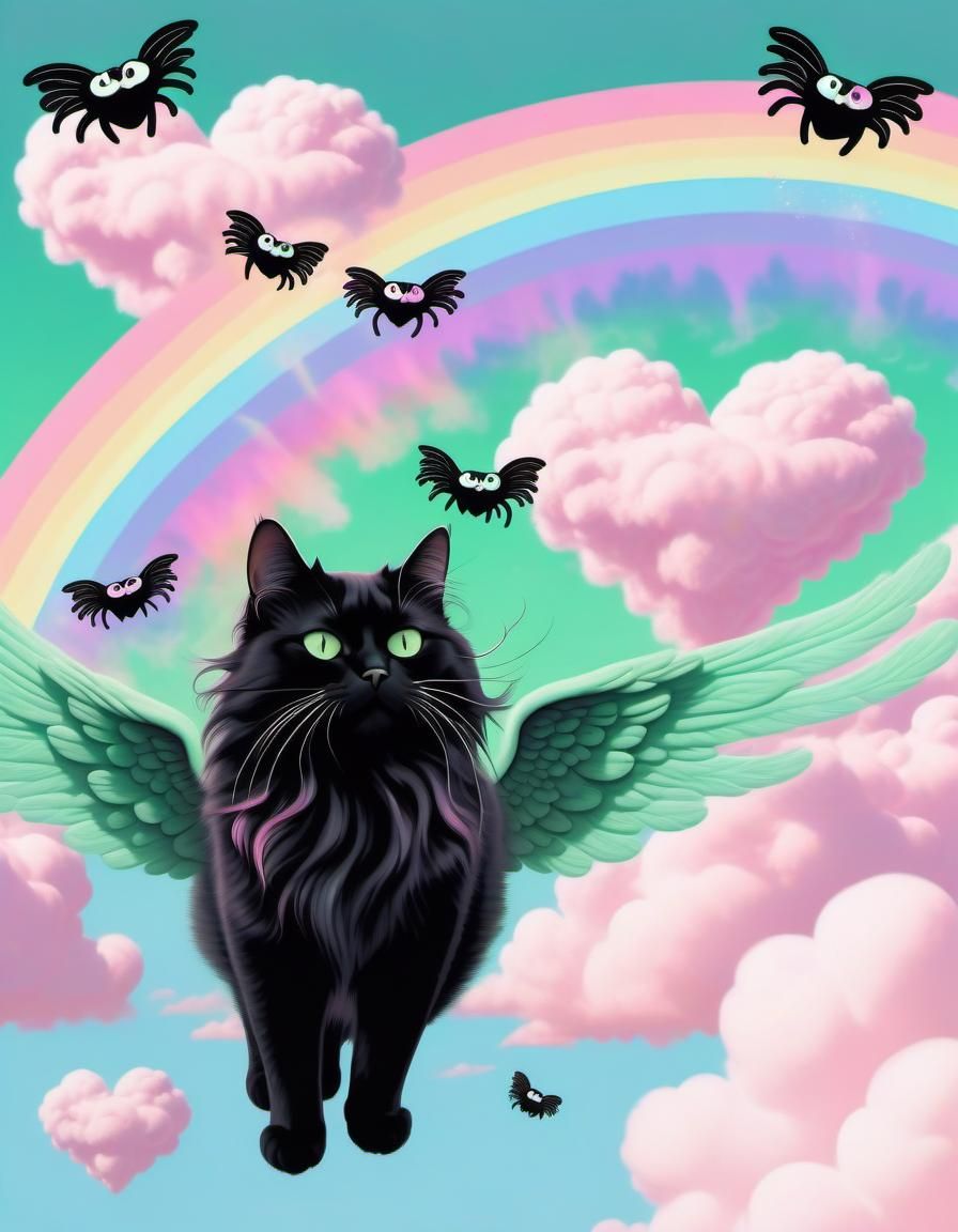 Black Cat with Angel Wings in Pastel Sky