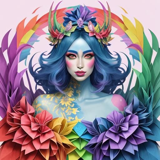 Rainbow Dragon Woman with Origami Papercraft Style