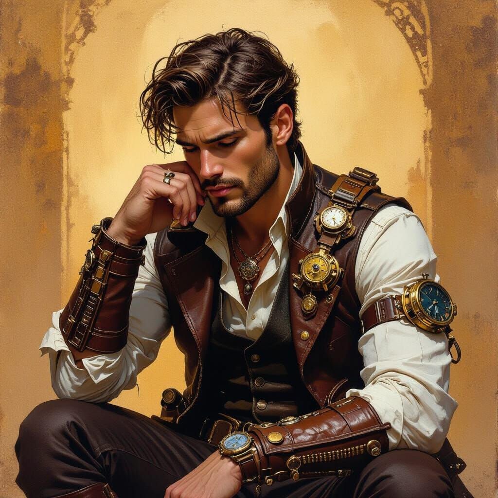 Steampunk Man in Golden Light, in Oil Painting Style