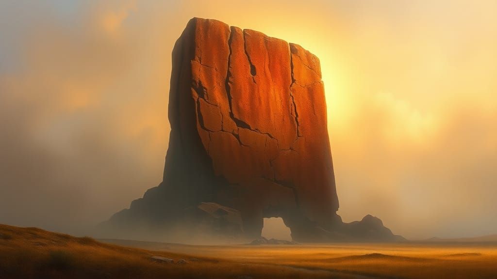 Colossal Monolith Radiating Light in Dreamlike Landscape