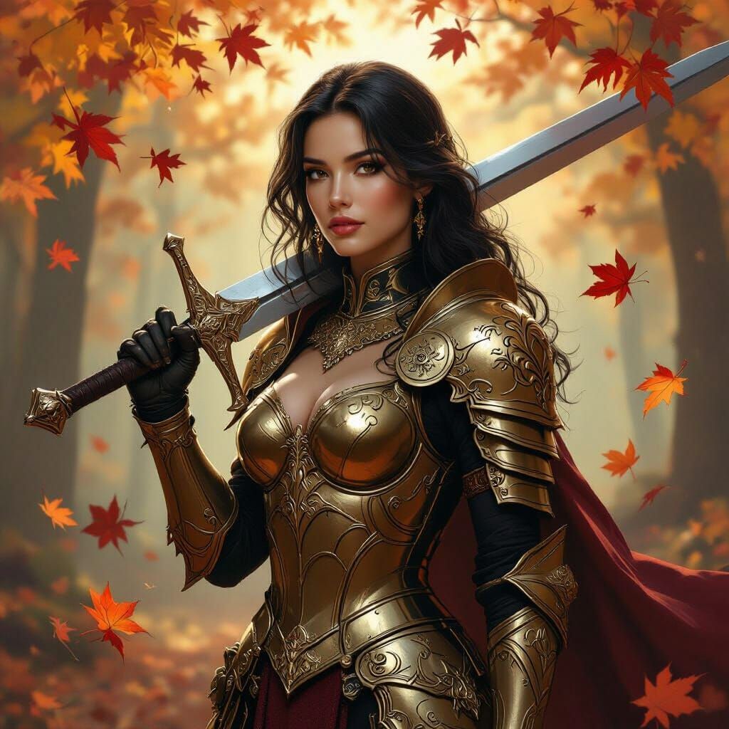 Golden Armored Warrior in Autumn Forest