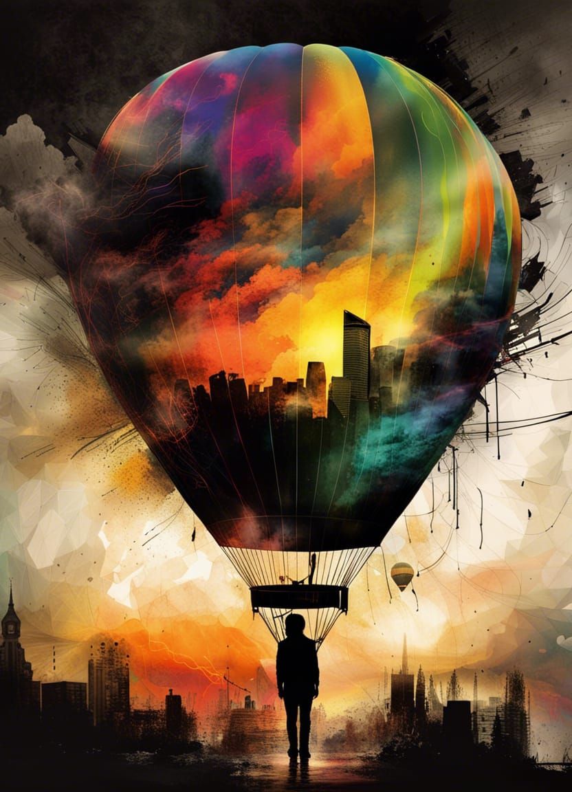 Silhouette City Hot Air Balloon at Sunset