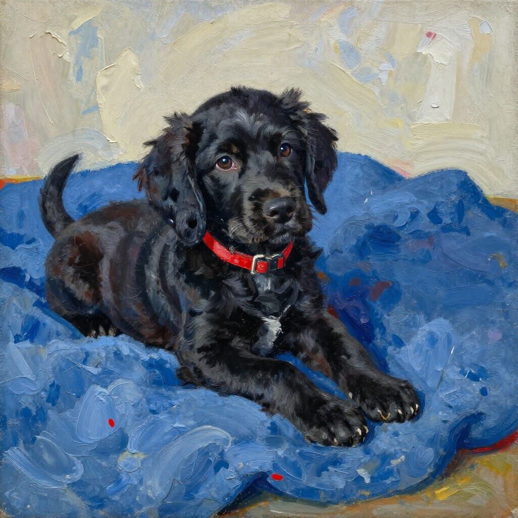 Black Spaniel Puppy on Blue Blanket in Gouache Style