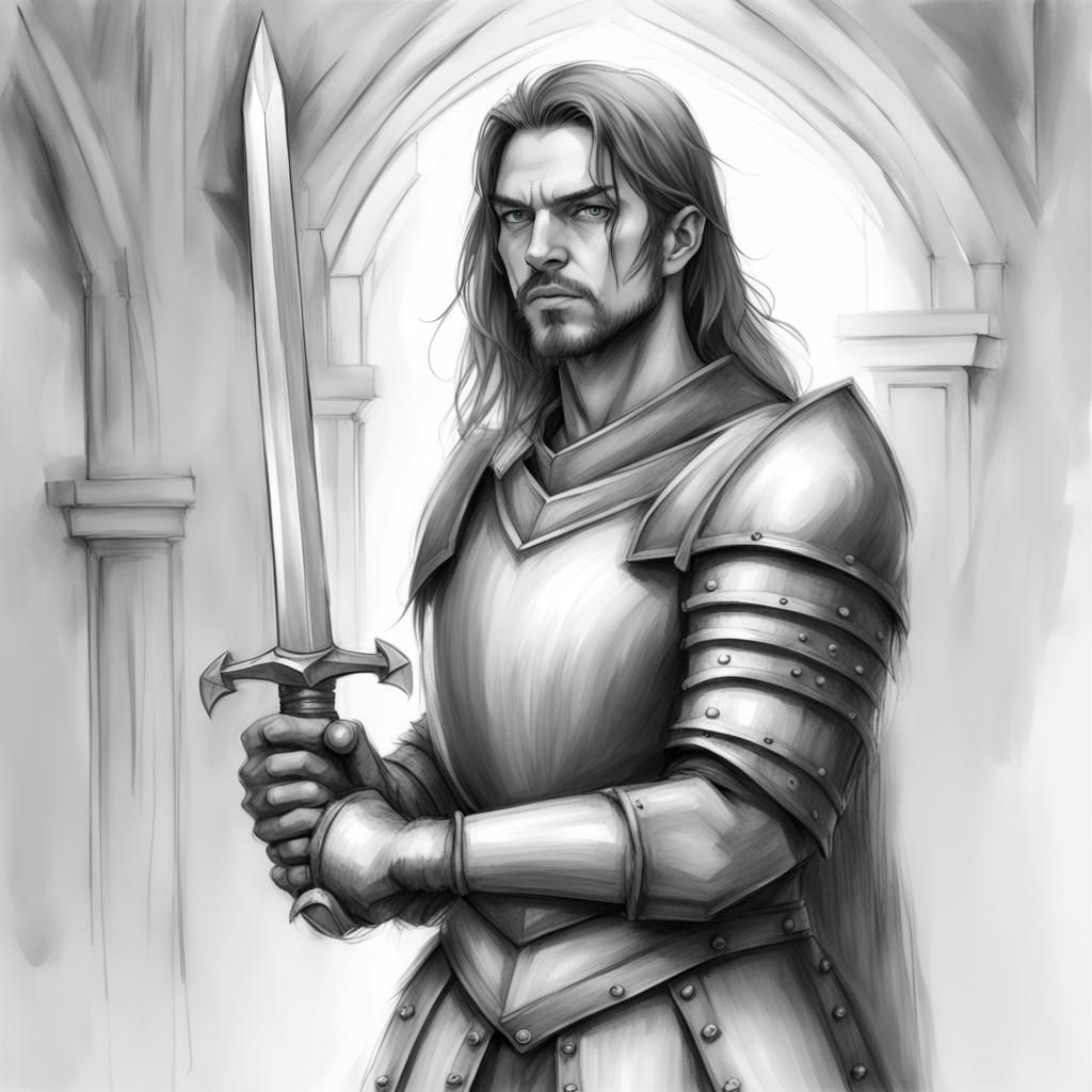 Medieval Knight Portrait in Minimalist Pencil Sketch
