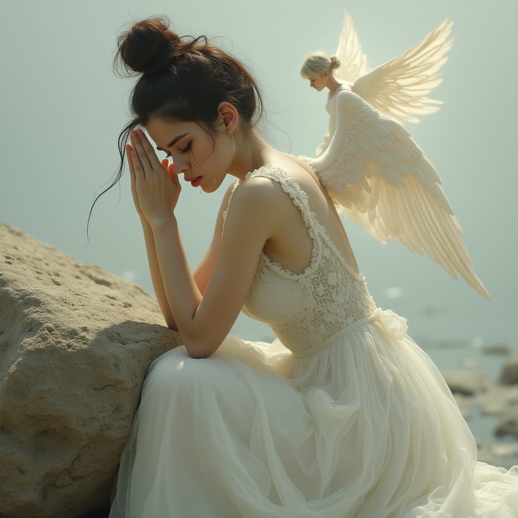 Ethereal Woman in Despair, Angelic Comfort
