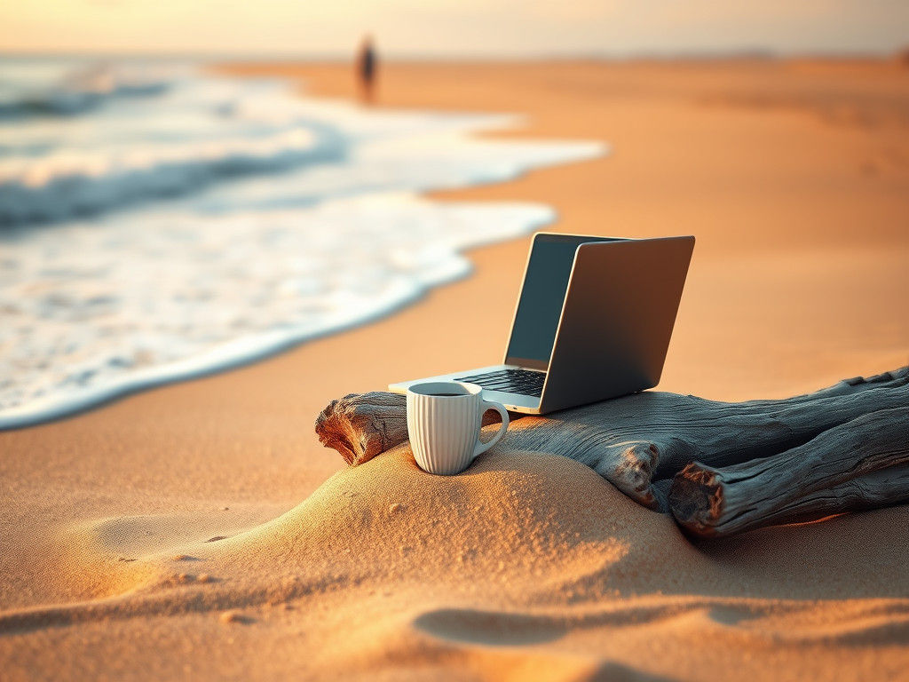 Beach Business: Coffee Cup and Laptop at Dawn