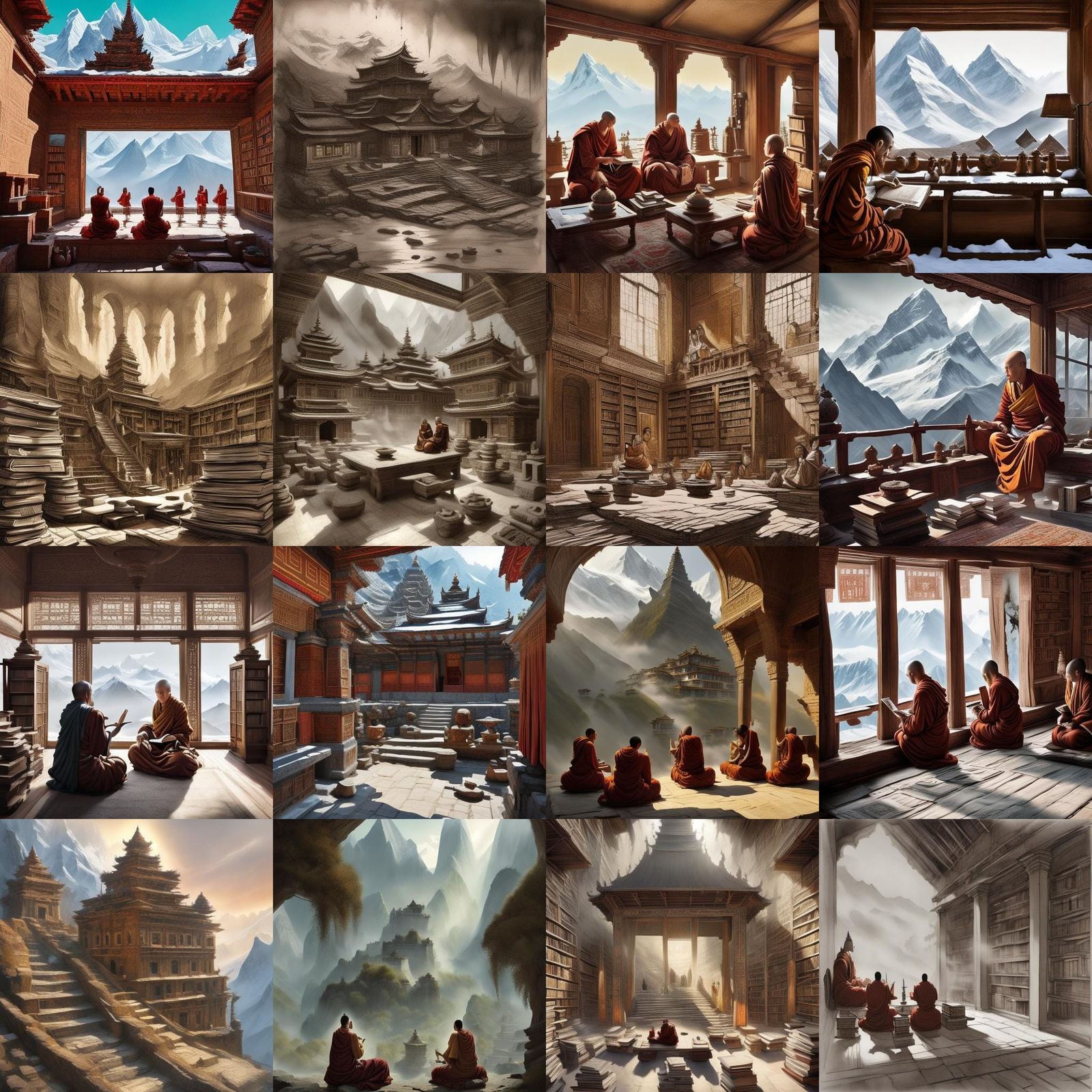 Monks in Himalayan Library, Ink Cartoon