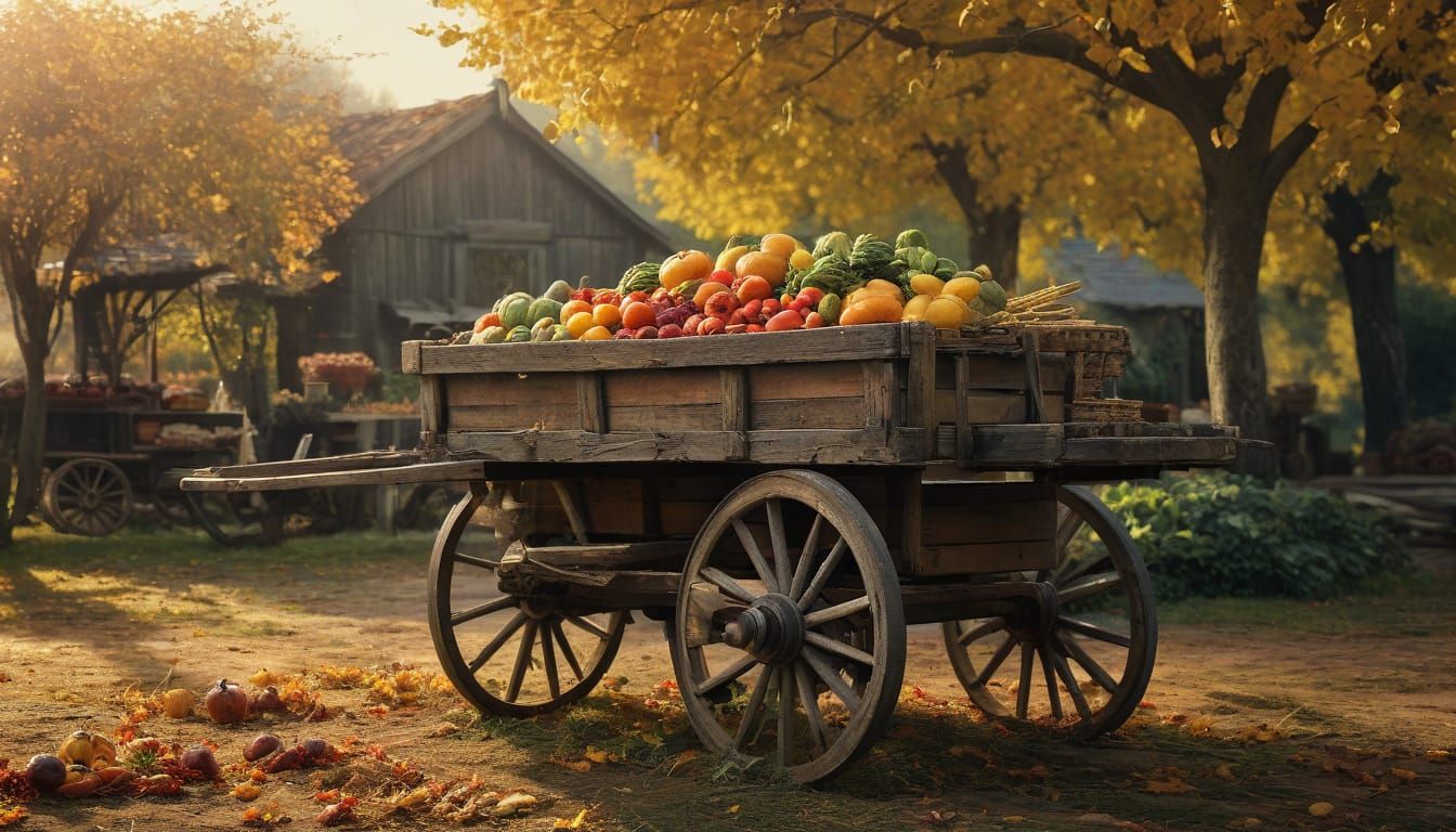 Antique Cart Bursting With Autumn Harvest In Soft Focus