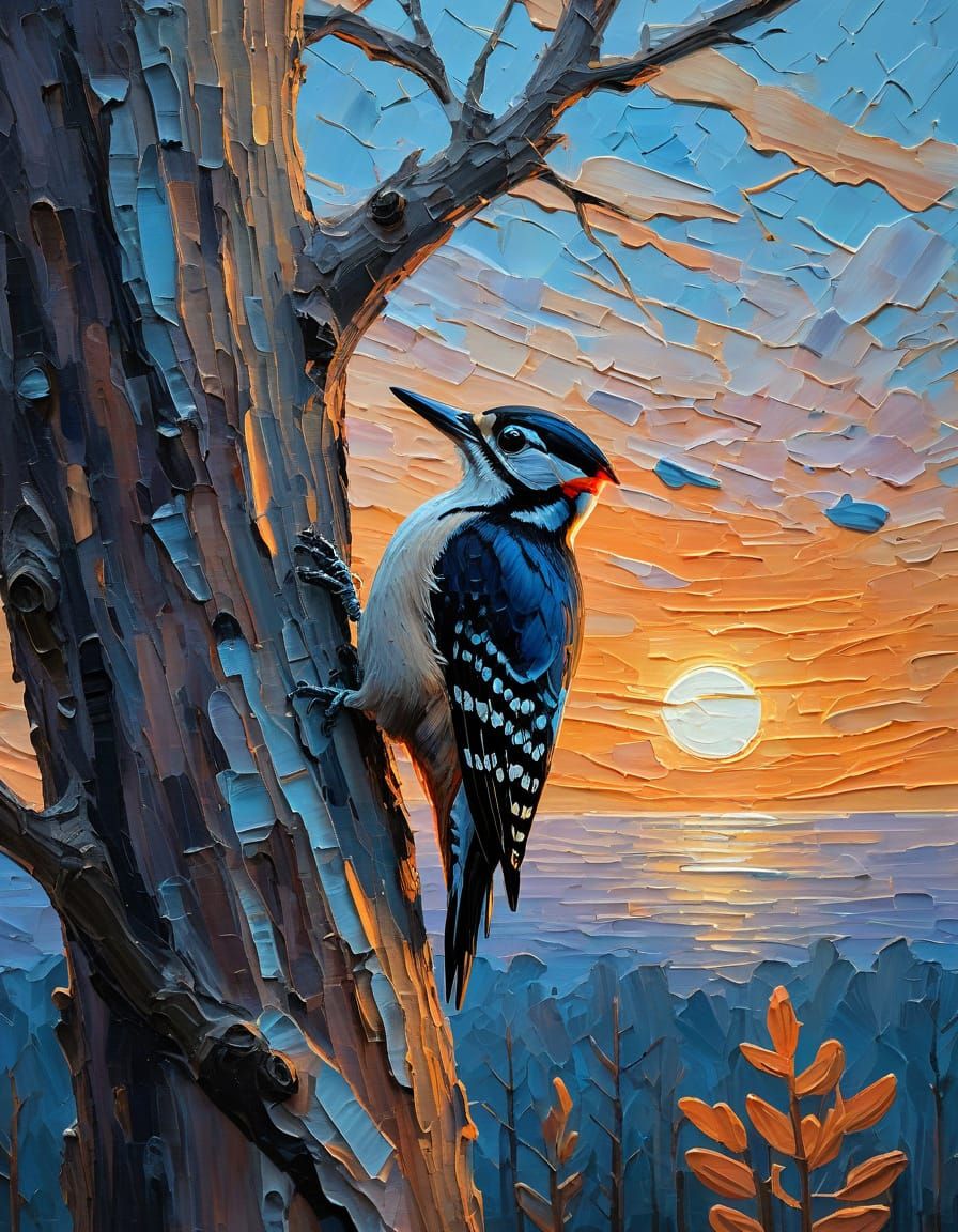 Vibrant Woodpecker in Sunset Glow with Textured Tree
