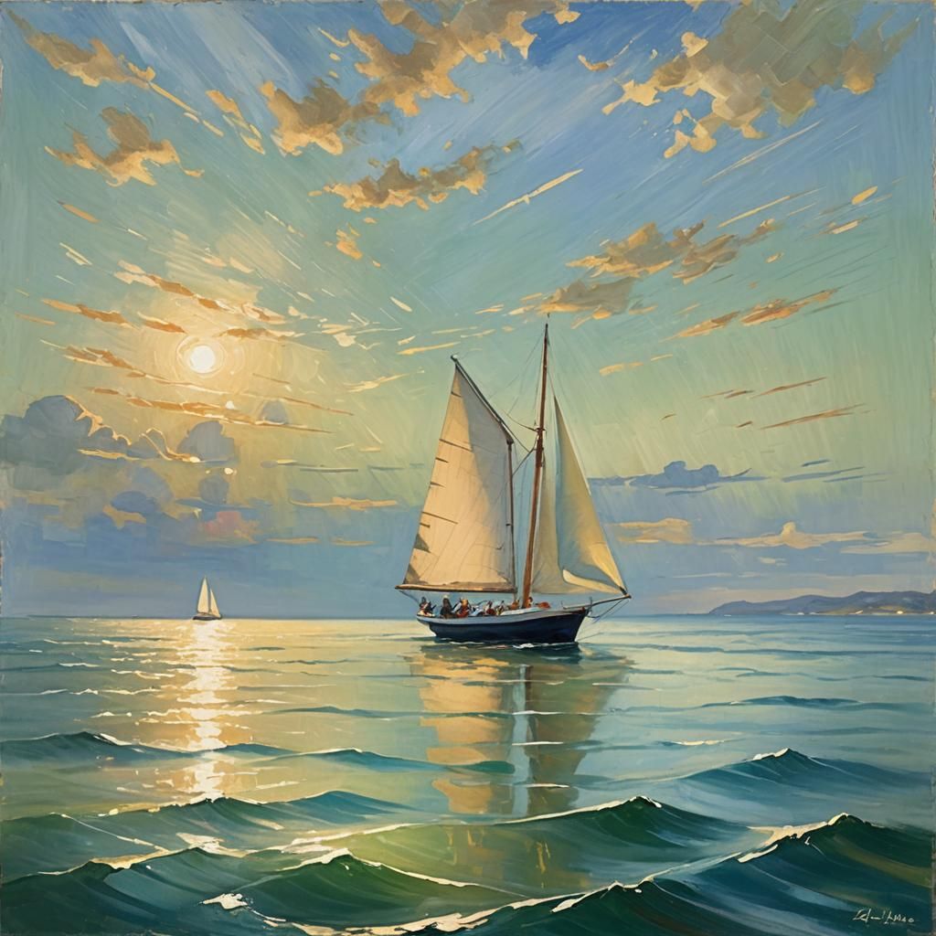 Impressionist Seascape Painting of Lone Sailor