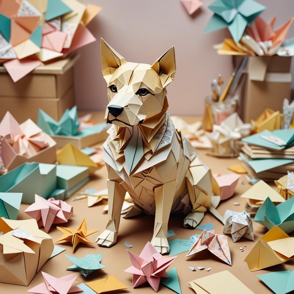 Intricate Origami Dog Papercraft Art