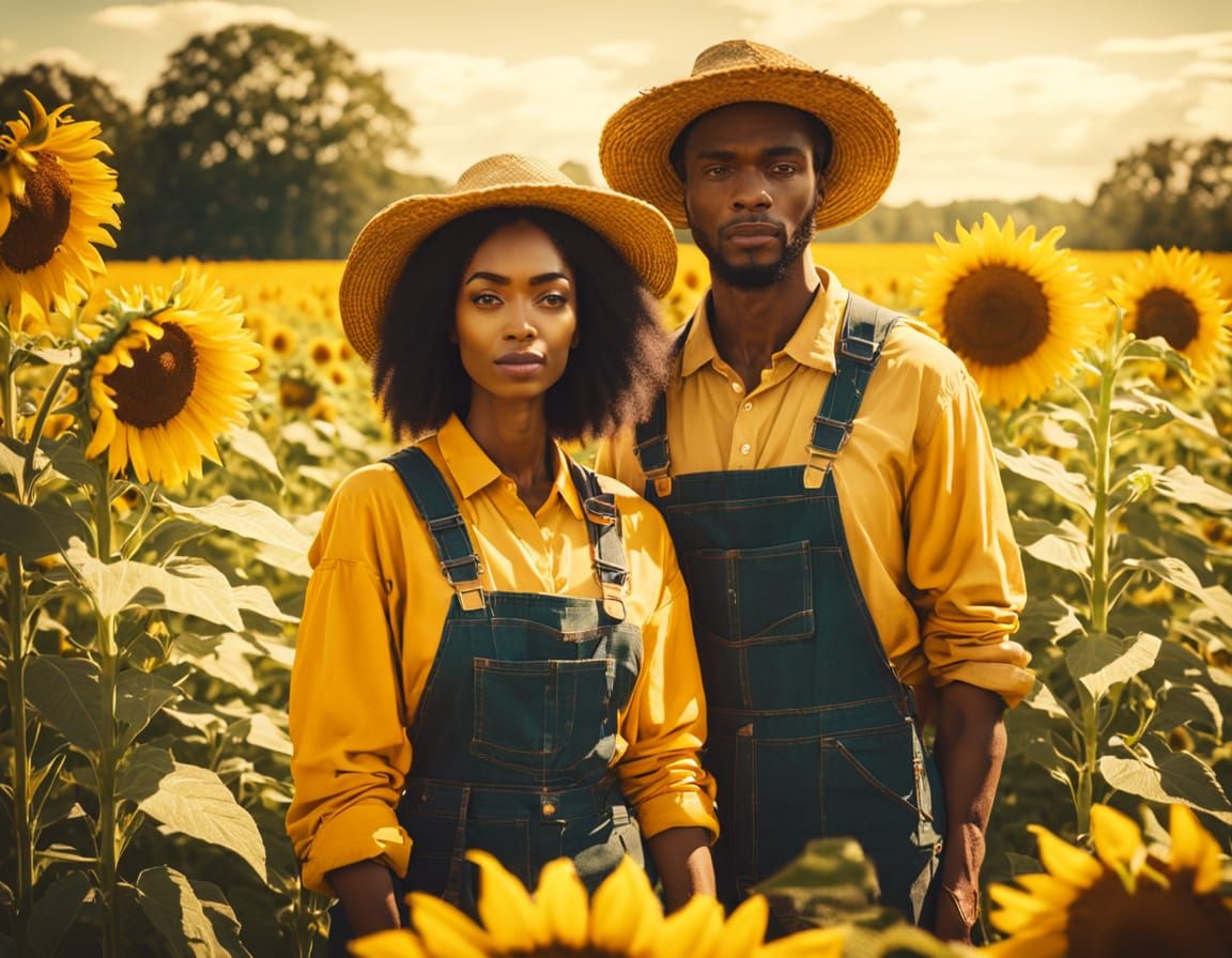 Young Black Couple as Farmers in Sunflower Field