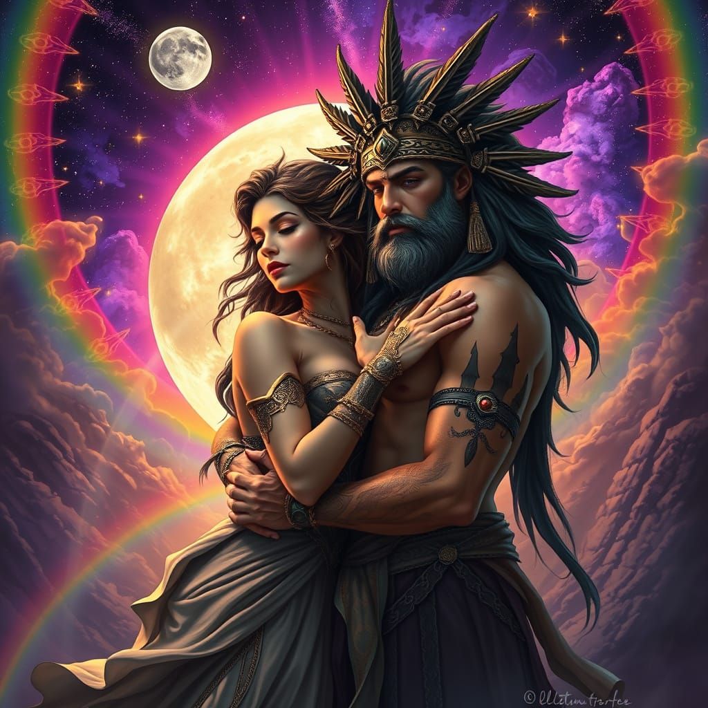 Moon Goddess and Sun God Embrace in Cosmic Scene
