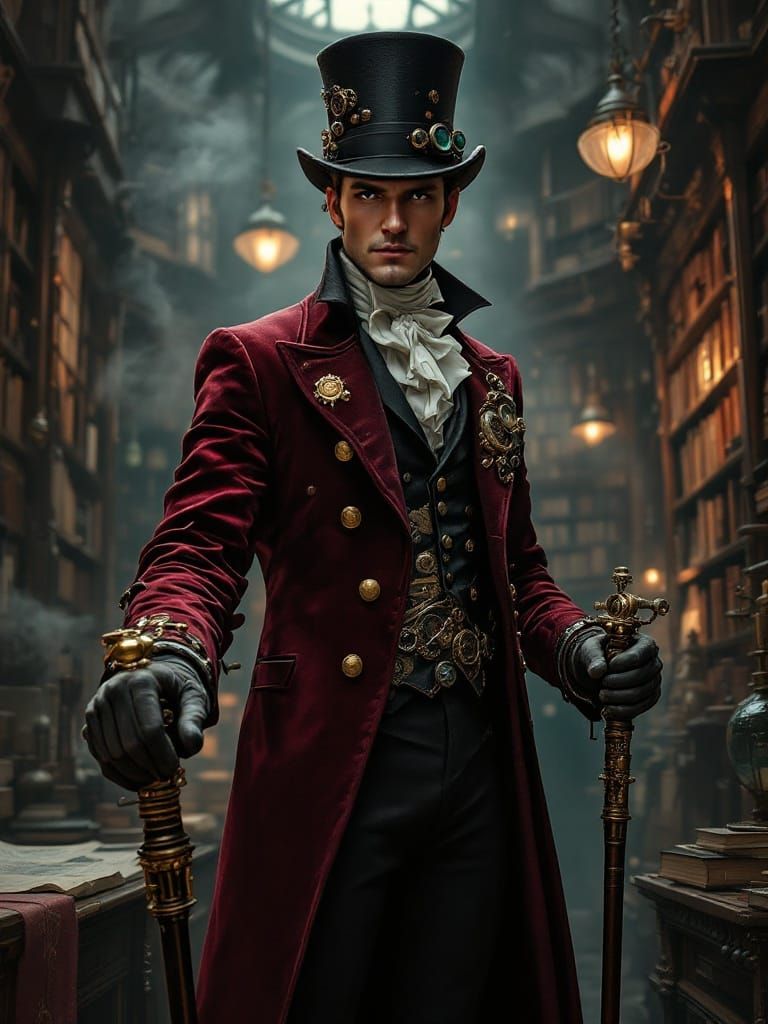 Steampunk Gentleman in Crimson Velvet Coat Unveils Secrets