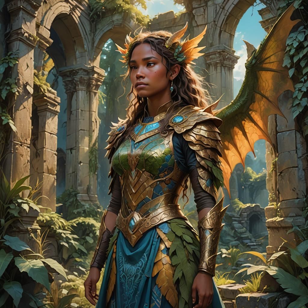 Earthy Dragon Girl in Overgrown Ruins