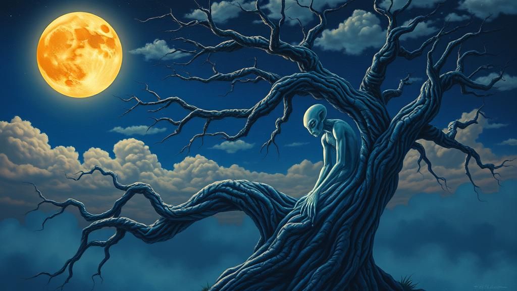 Alien Contemplates Iridescent Tree in Moonlit Dreamscape