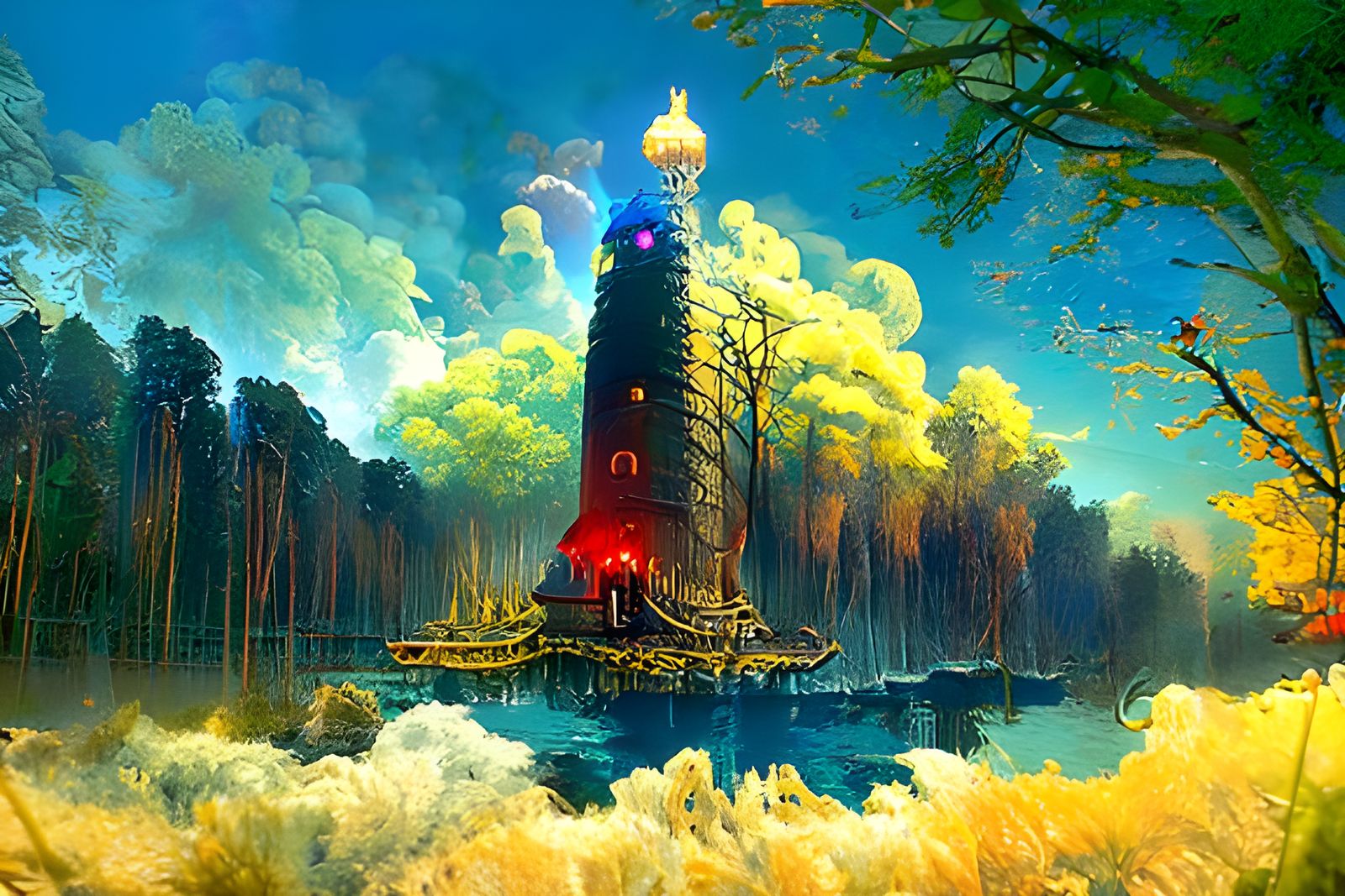 Surreal Lighthouse in Gothic Art Nouveau Style