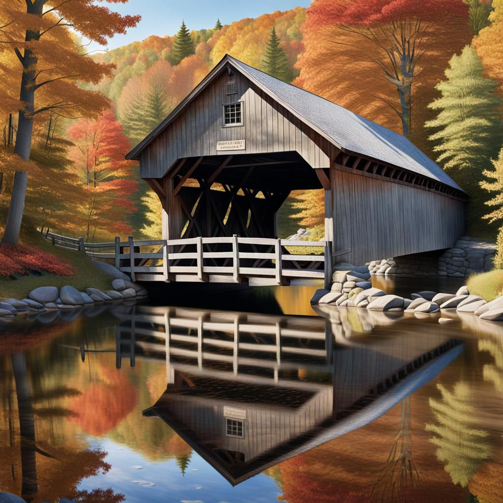 Vermont Autumn: Covered Bridge in Crisp Detail