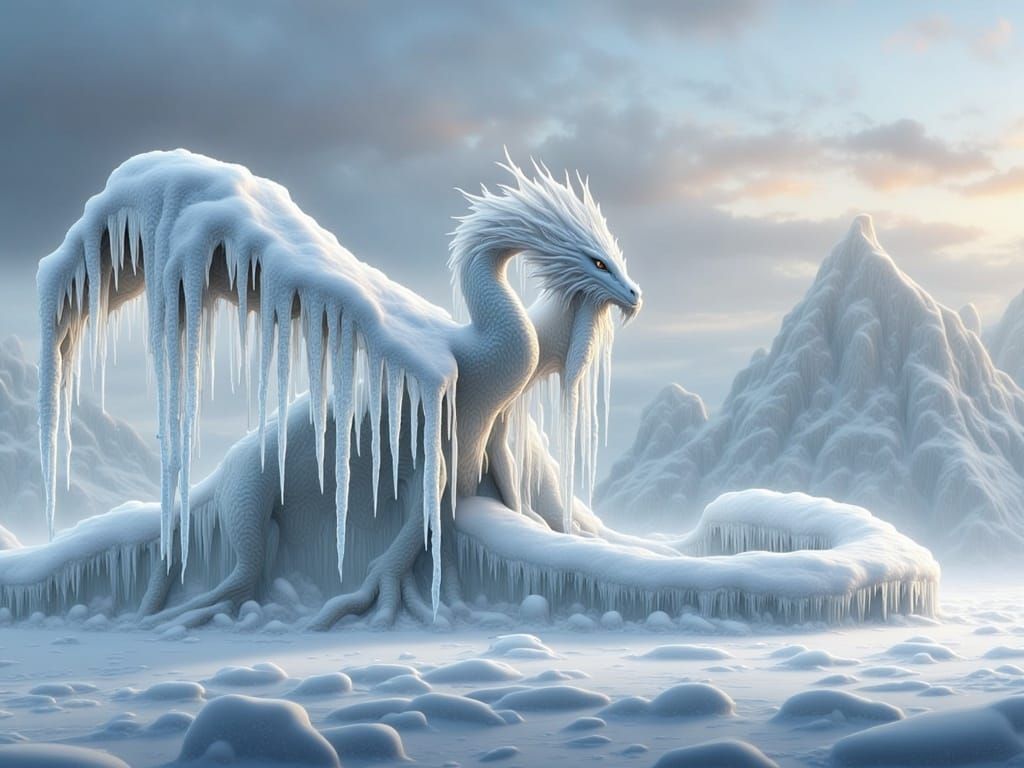 Icy Snow Dragon Shimmers in Digital Painting