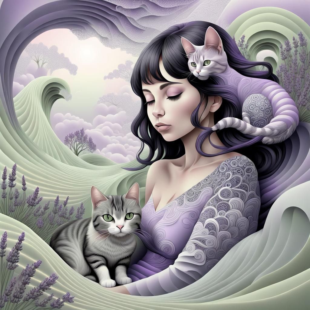 Dreamy Surreal Scene with Cat and Woman