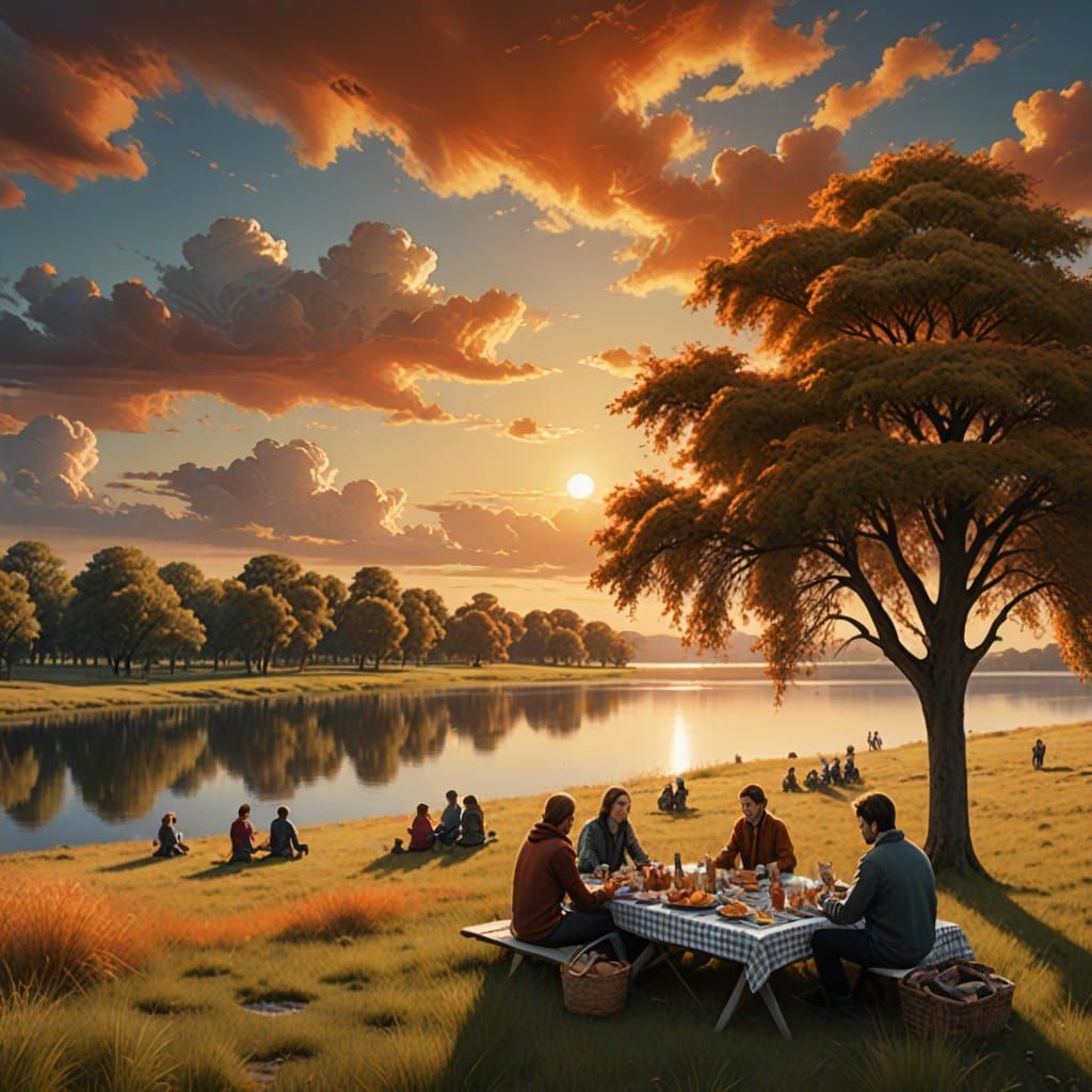Idyllic Lakeside Picnic at Sunset: Detailed Matte Painting