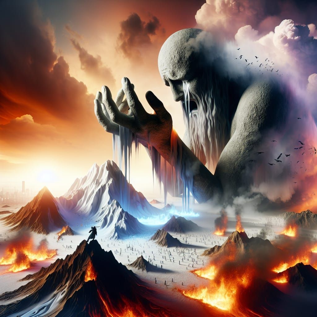 Weeping Giant Collects Melting Mountains in Burning World