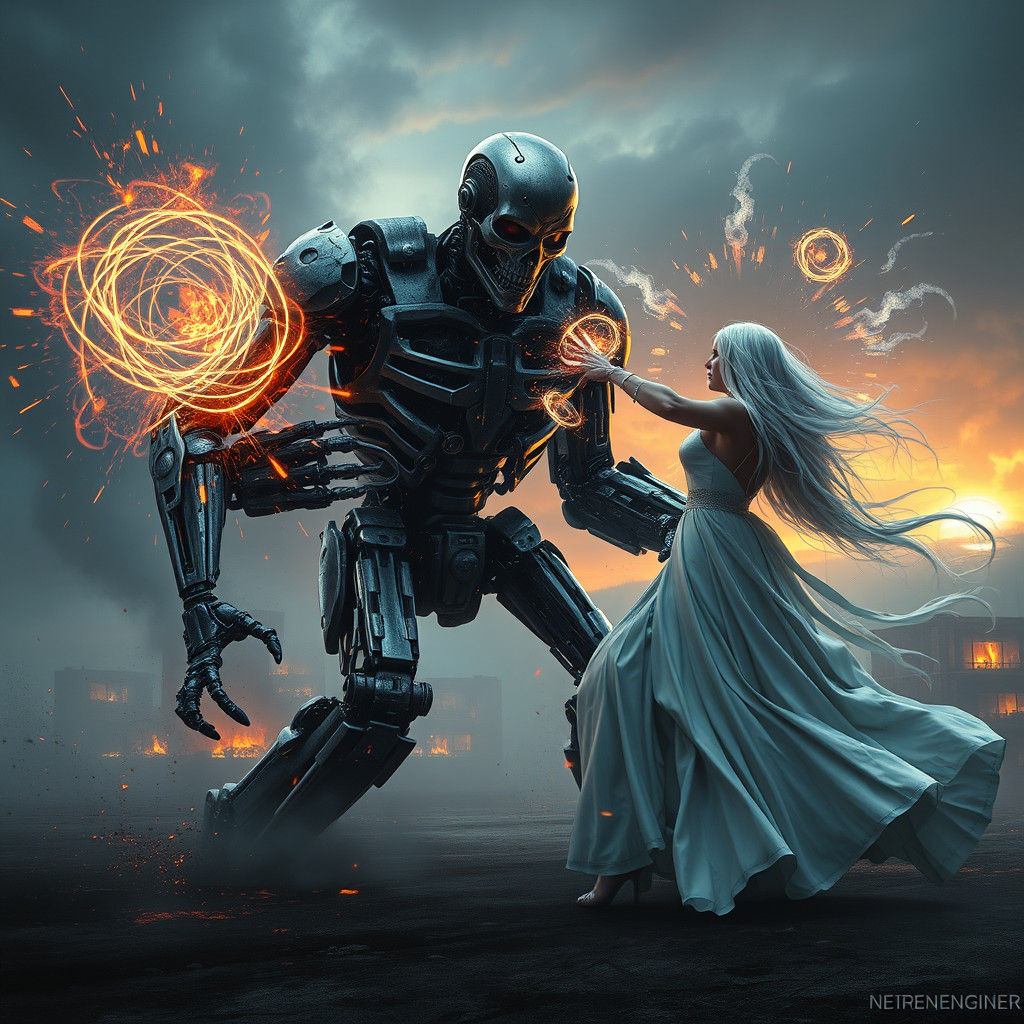 Terminator Robot vs Magical Witch in Dark Arena