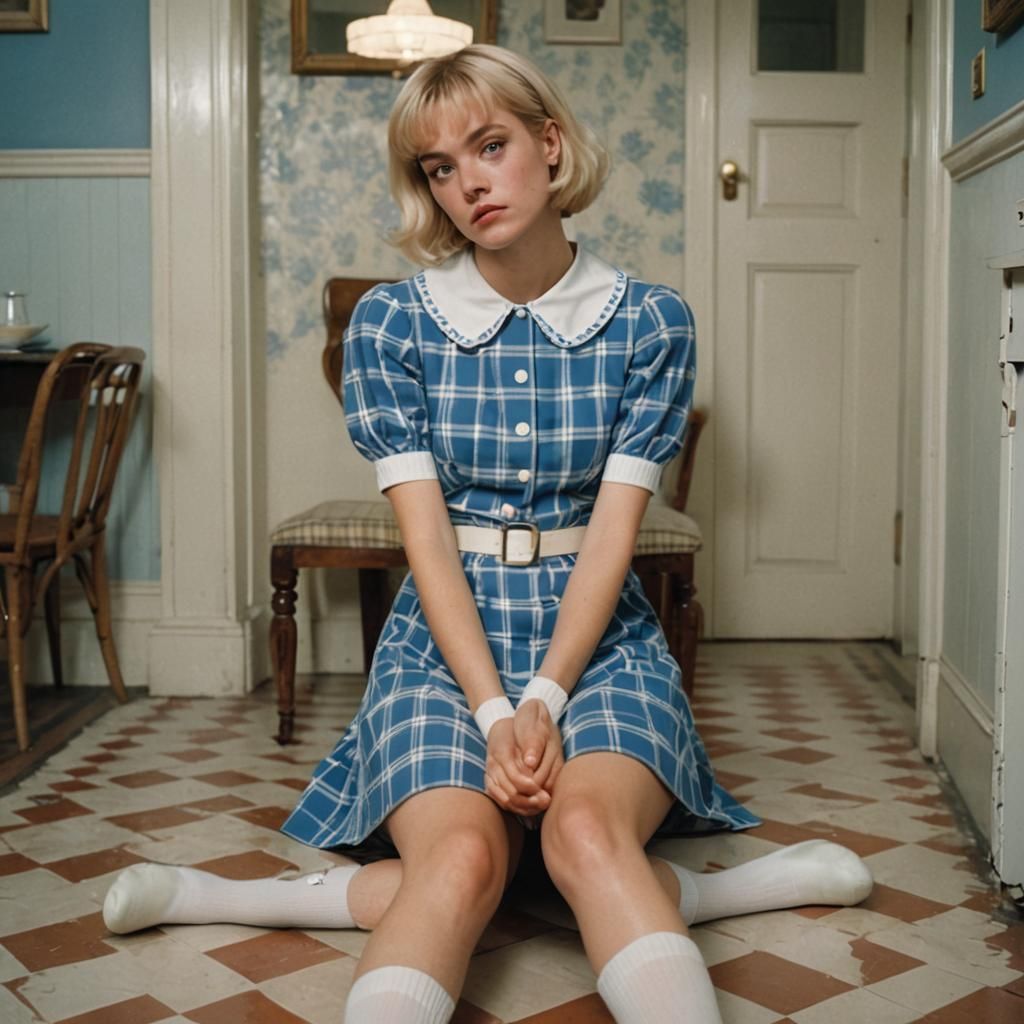 Nostalgic Film Still of Young Person in Babydoll Dress