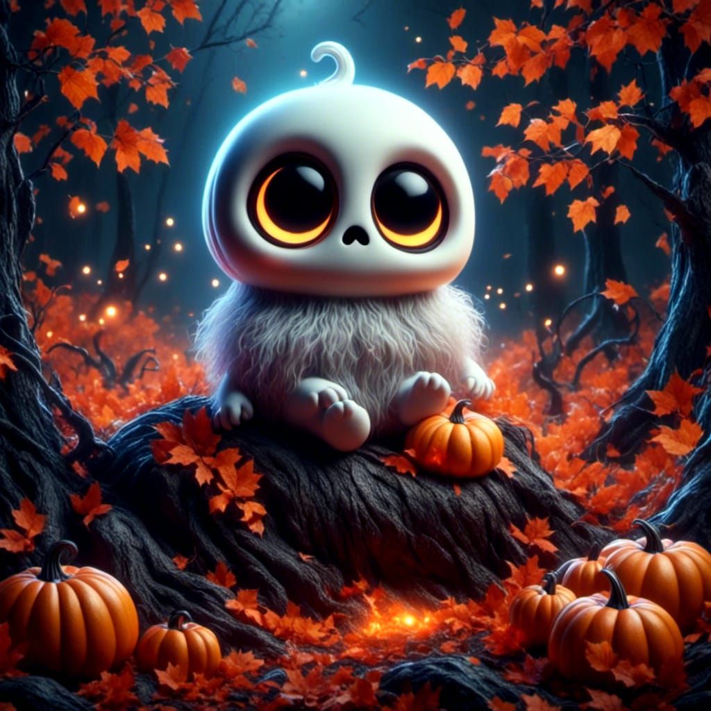 Cute Ghost on Pumpkin in Dark Forest for Halloween