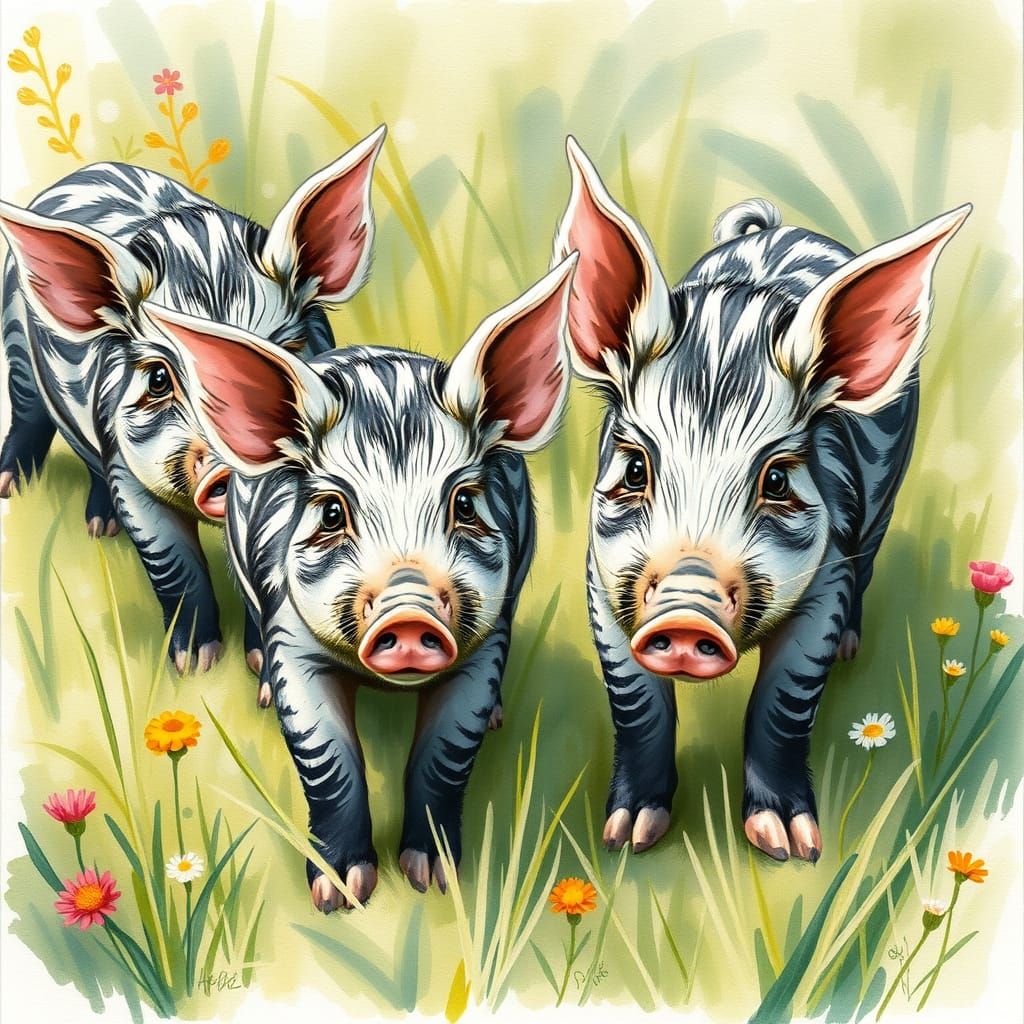 Whimsical Wild Boar Piglets in Lush Meadow