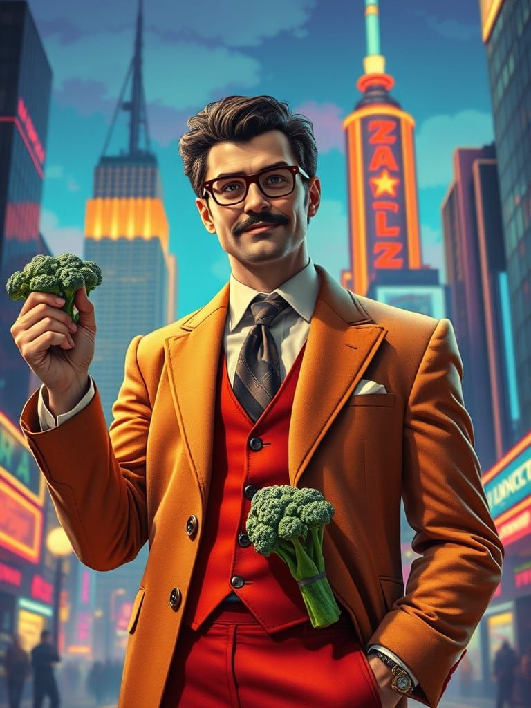 Charismatic Gentleman Stands Tall in Retrofuturistic Citysca...