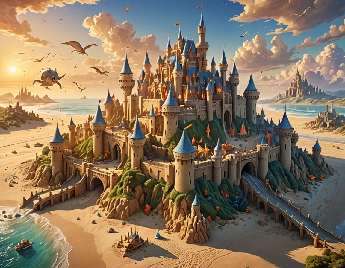 Majestic Sandcastle Kingdom in Dreamlike Digital Art