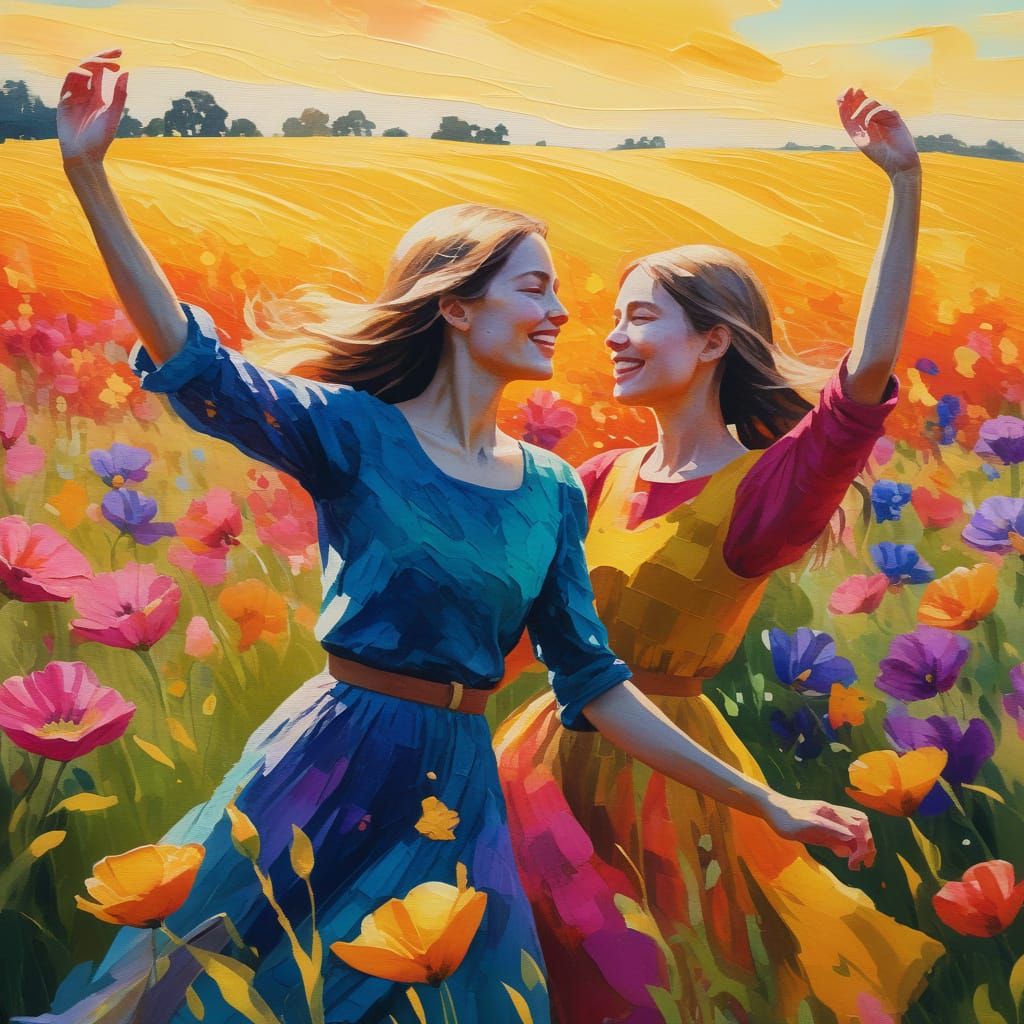 Vibrant Women Dancing in a Flower Field