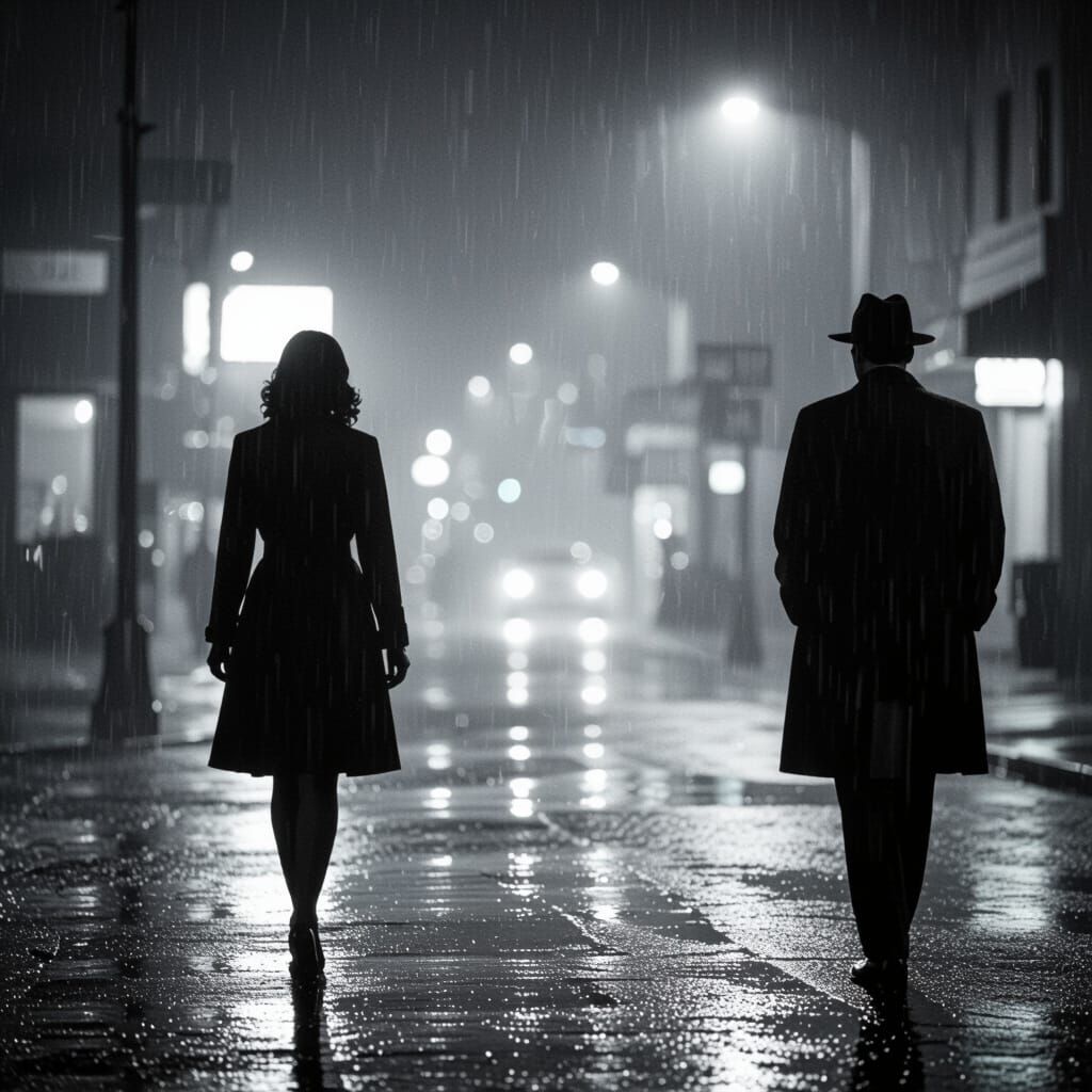 Film Noir Private Eye in Rainy Night Scene