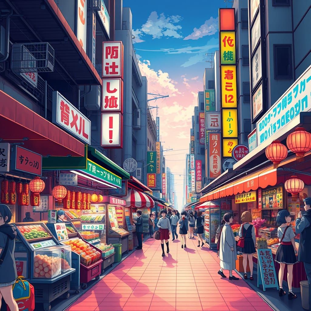 Anime-Style Tokyo Street Market Digital Art