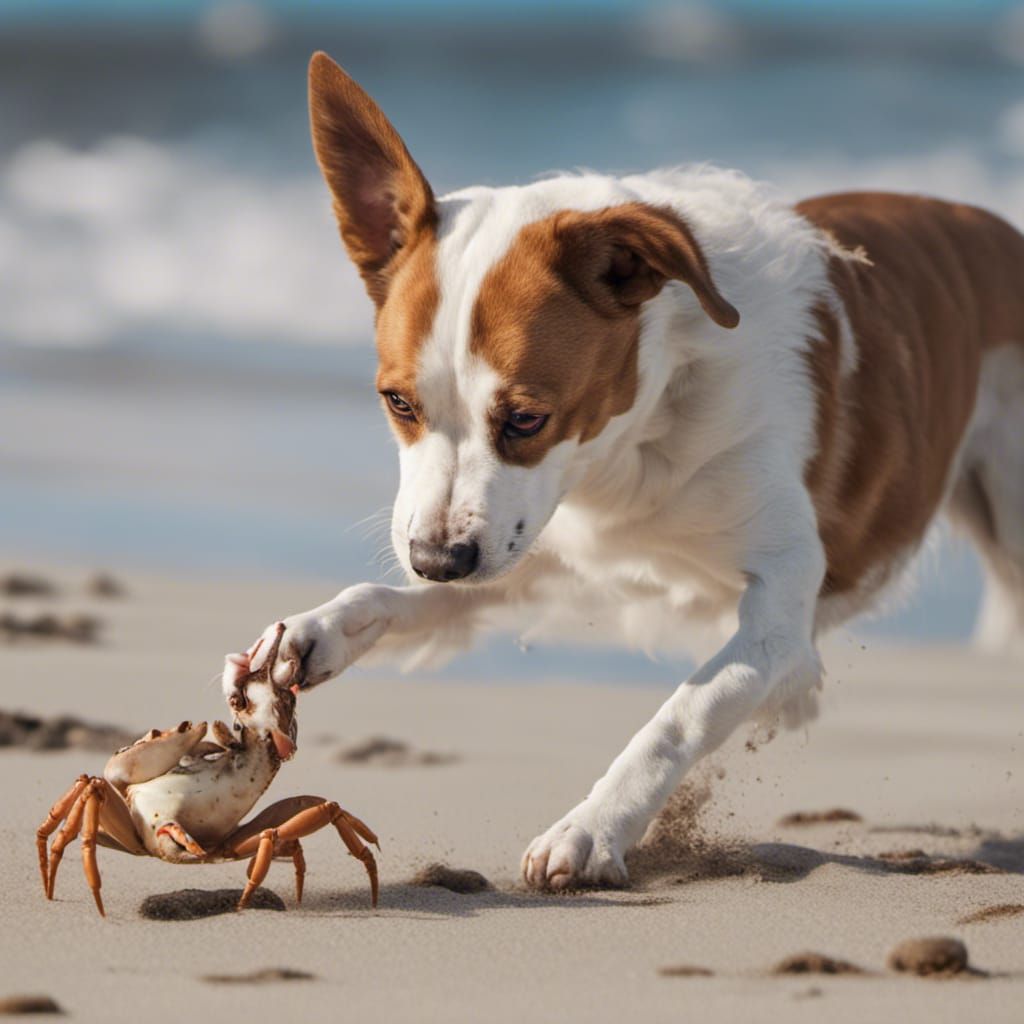 Dog's Beach Day: A Photorealistic Crab Encounter