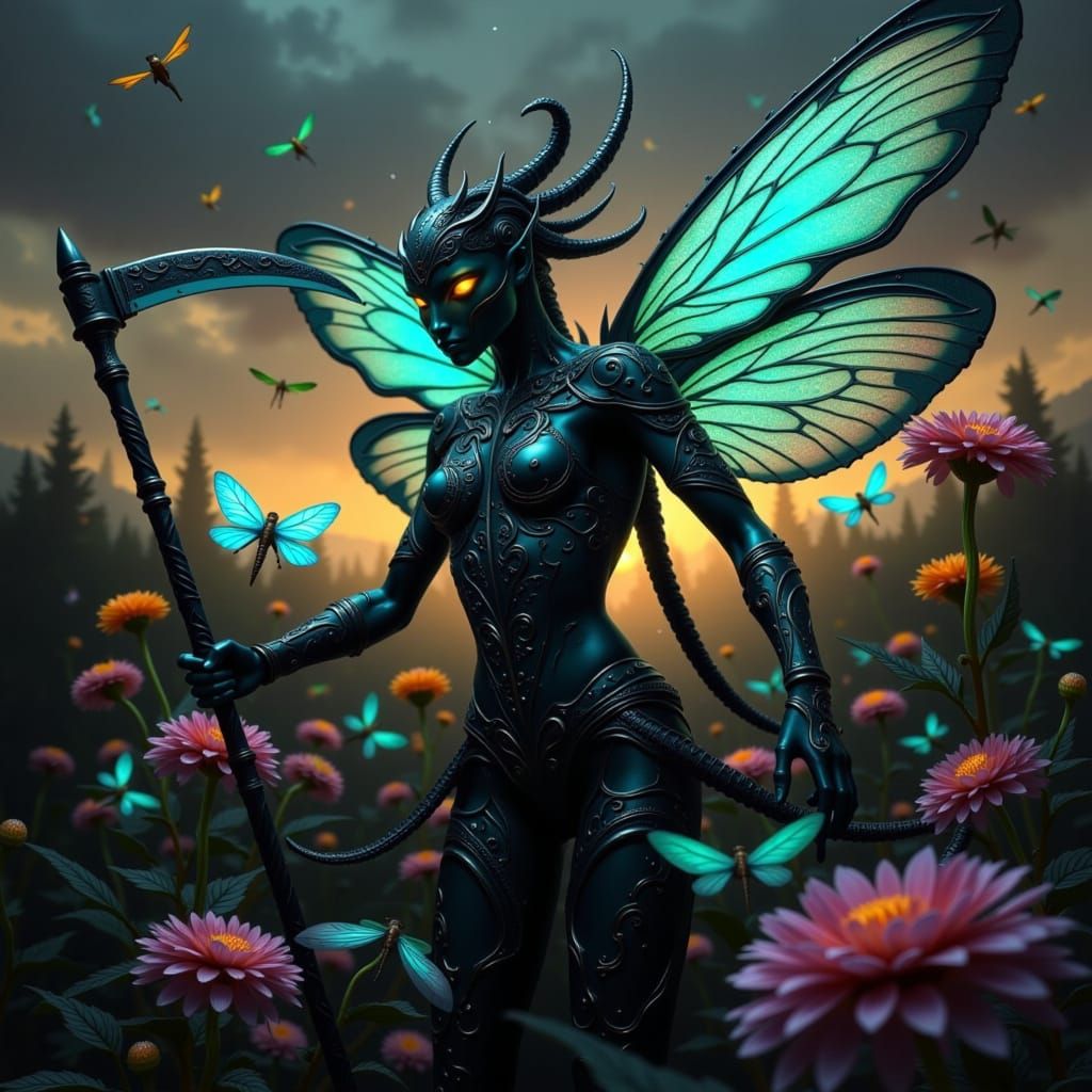 Dragonfly Fae Queen in Teal and Black Armor
