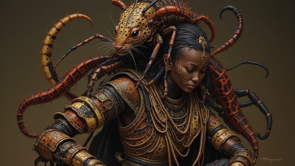 Tribeswoman with Millipede in Hyperdetailed Fantasy Style