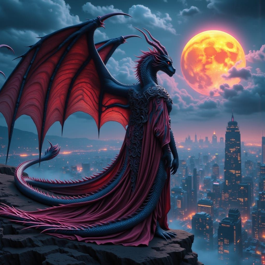 Dragon Queen Overlooks Dystopian Cityscape