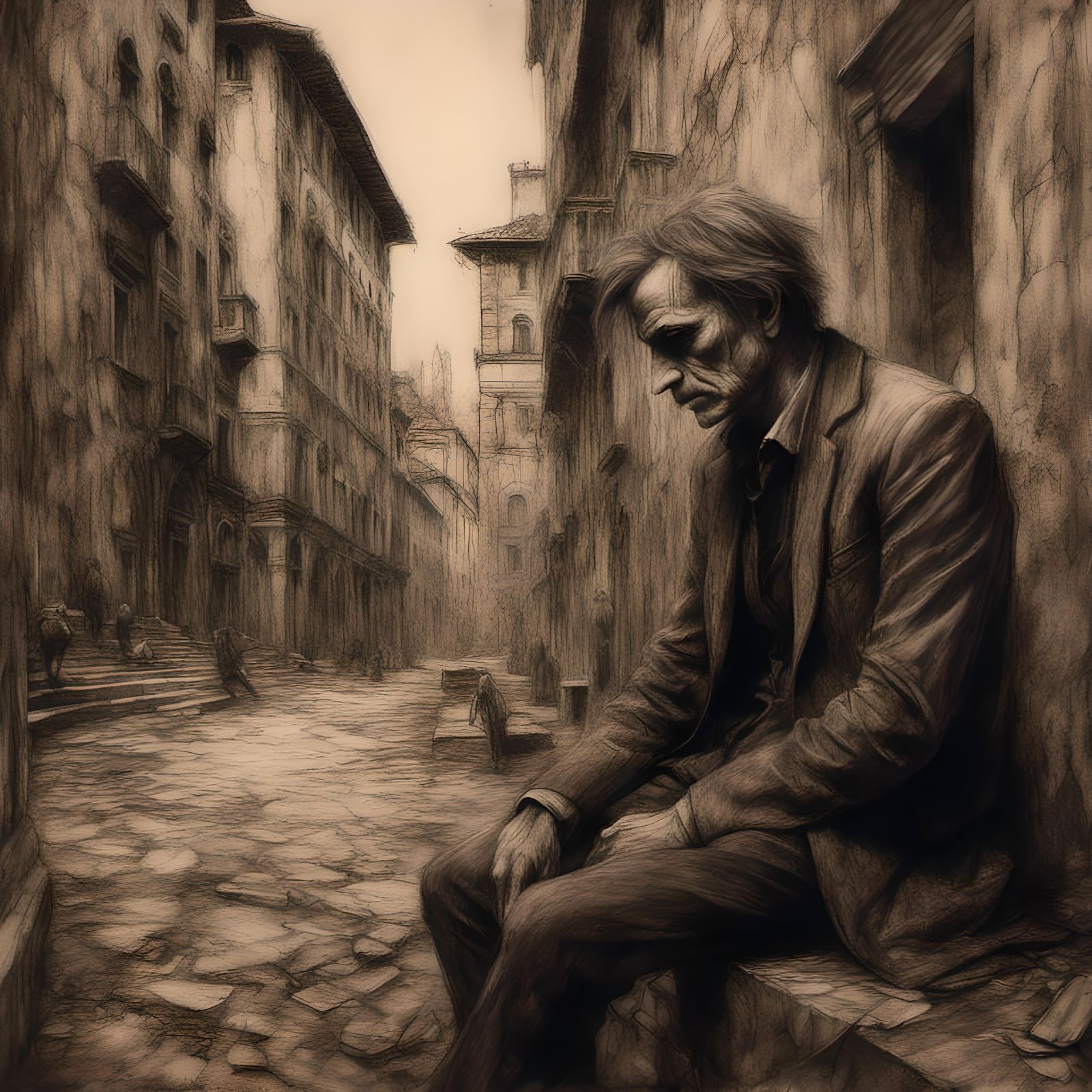 Giant Man in Leonardo Da Vinci Style Charcoal Drawing