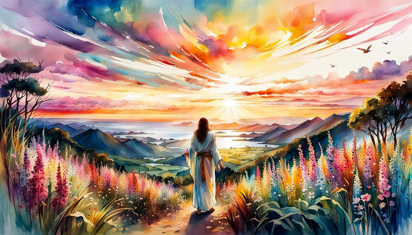 Jesus Beckoning Children: Digital Watercolor Summerscape