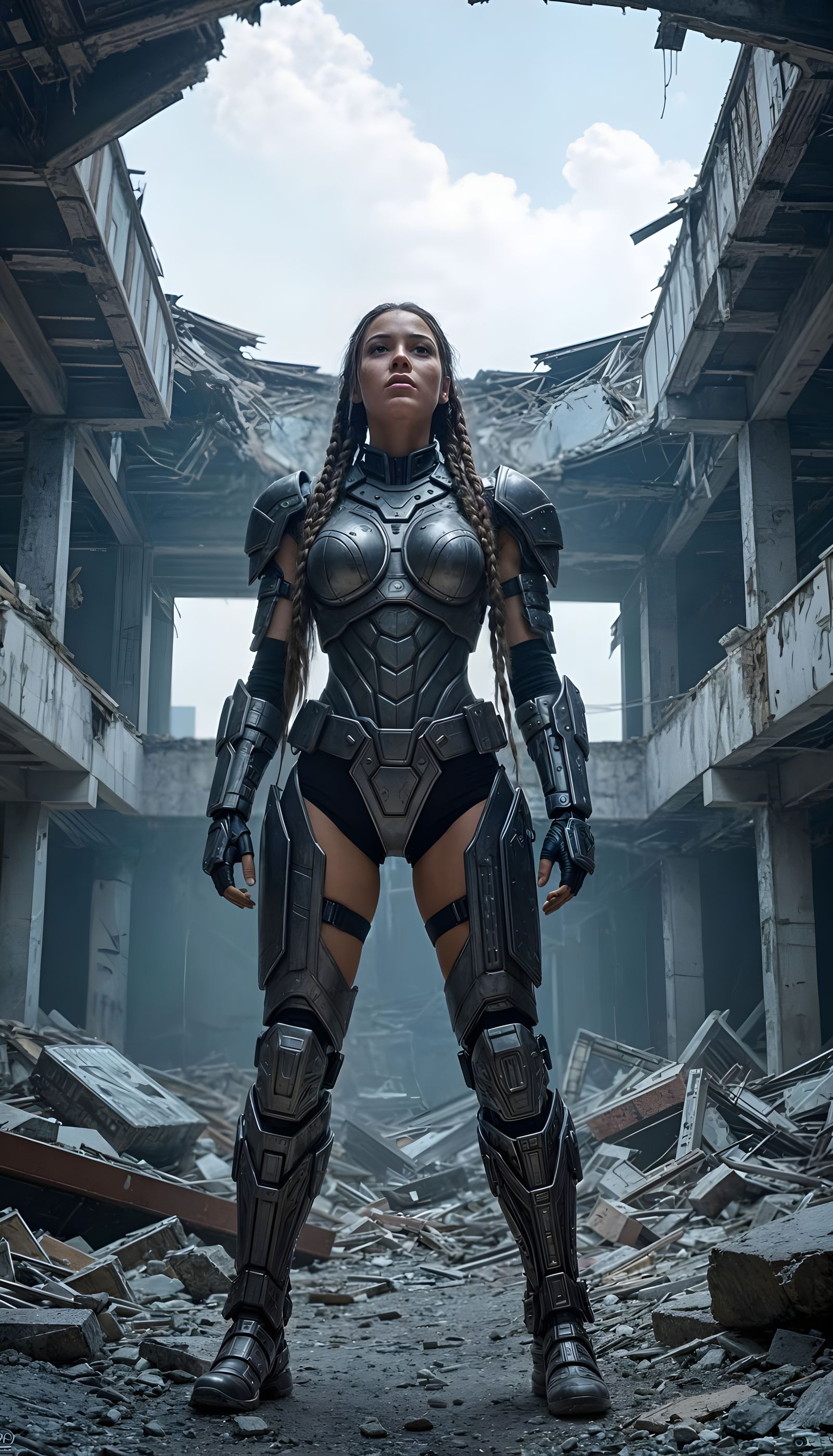 Cybernetic Melamine Warrior in Ruined Cityscape